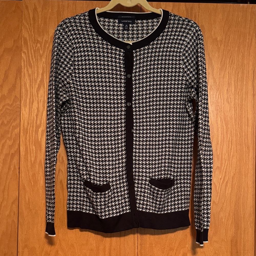 Lands' End Black and White Houndstooth Cardigan